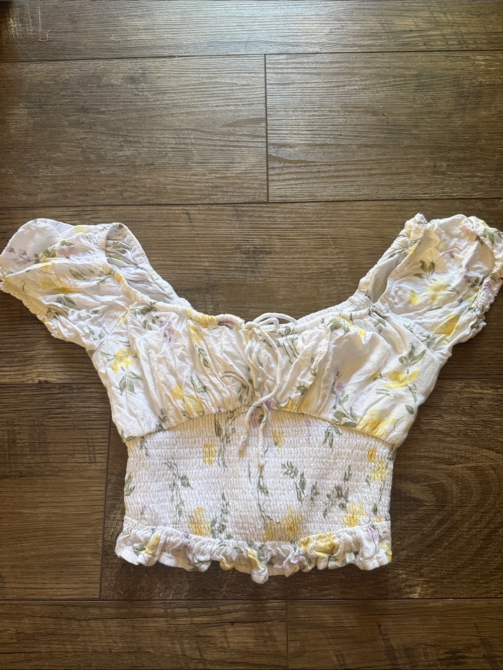 Hollister White Floral Smocked Crop Top with Yellow Accents
